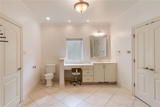 bathroom with tile patterned floors, toilet, and crown molding