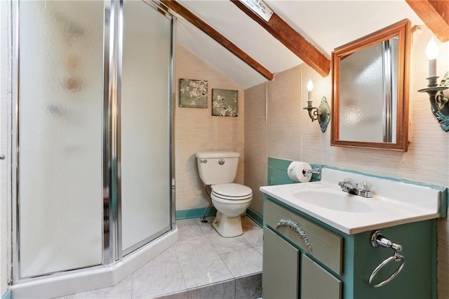 bathroom with vanity, vaulted ceiling with beams, a shower with shower door, and toilet