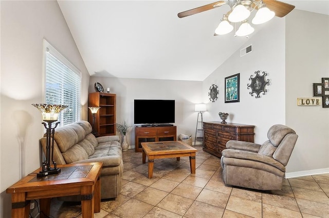 tiled living room featuring lofted ceiling and ceiling fan