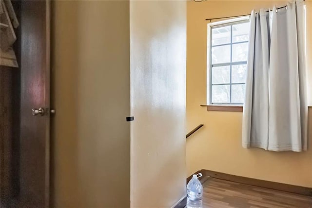 stairway with plenty of natural light and wood-type flooring