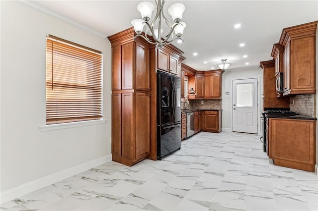 kitchen with backsplash, stainless steel appliances, hanging light fixtures, and crown molding