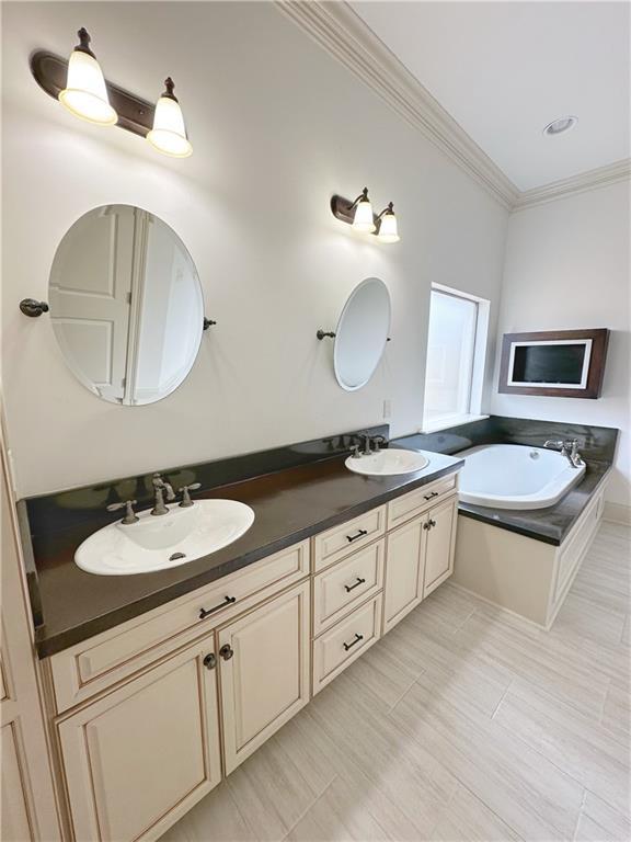 bathroom featuring vanity, a bathtub, and crown molding