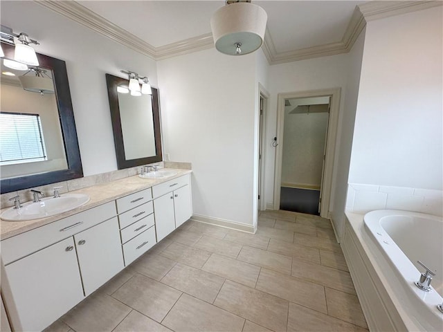 bathroom with tile patterned flooring, vanity, ornamental molding, and tiled bath