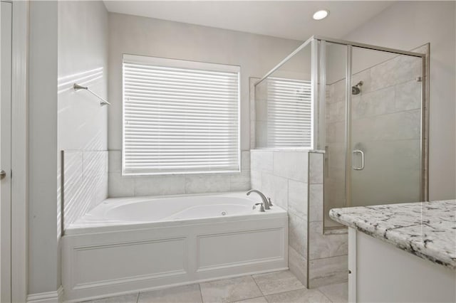 524 Belle Pointe Loop, Madisonville, LA 70447 - bathroom with a shower stall, a bath, vanity, tile patterned floors, and recessed lighting