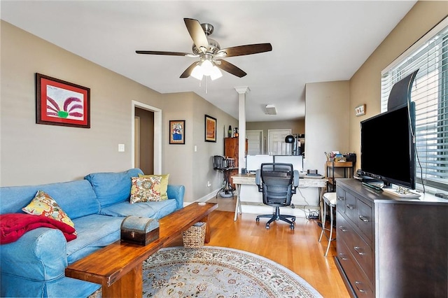 office area featuring ceiling fan and light hardwood / wood-style flooring