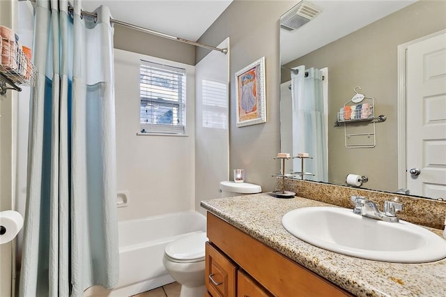 full bathroom with tile patterned flooring, vanity, toilet, and shower / bathtub combination with curtain