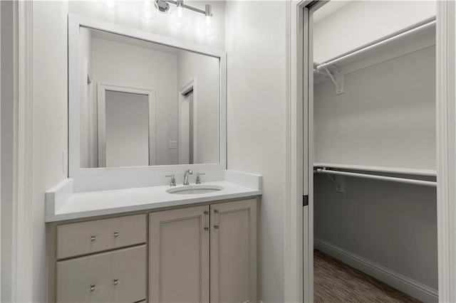 bathroom with vanity and wood-type flooring