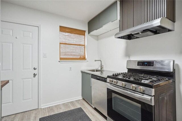 kitchen featuring light wood-type flooring, stainless steel appliances, sink, and wall chimney range hood