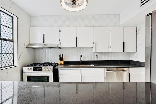 2604 Chartres St, New Orleans, LA 70130 - kitchen with appliances with stainless steel finishes, under cabinet range hood, a sink, white cabinetry, and decorative backsplash
