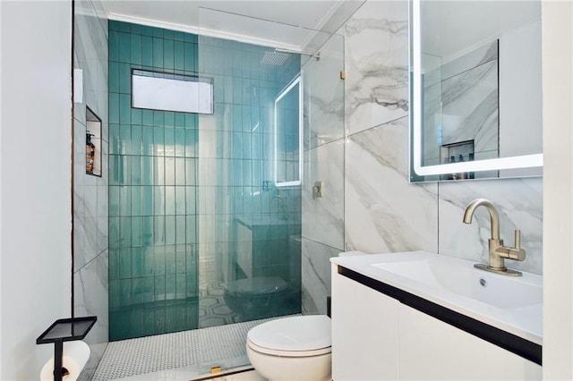 2604 Chartres St, New Orleans, LA 70130 - bathroom with toilet, tile walls, a tile shower, and vanity
