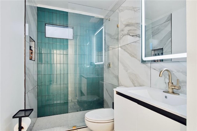 bathroom featuring vanity, backsplash, toilet, walk in shower, and tile walls