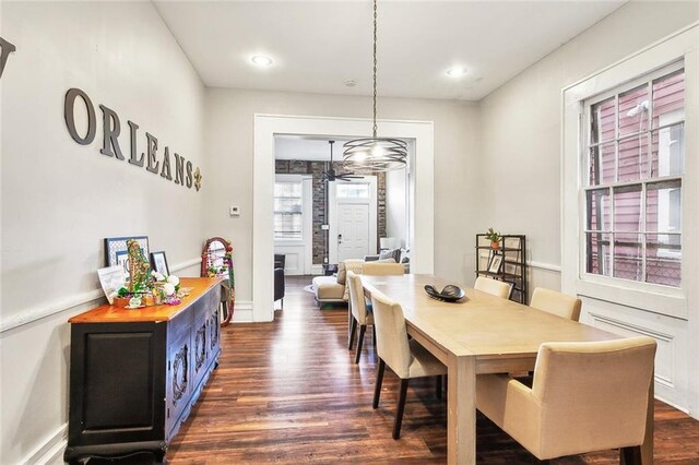 1512 Saint Ann St, New Orleans, LA 70116 - dining room featuring dark wood-type flooring, a ceiling fan, baseboards, and recessed lighting
