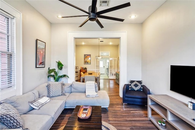 living room with a wealth of natural light, dark hardwood / wood-style floors, and ceiling fan