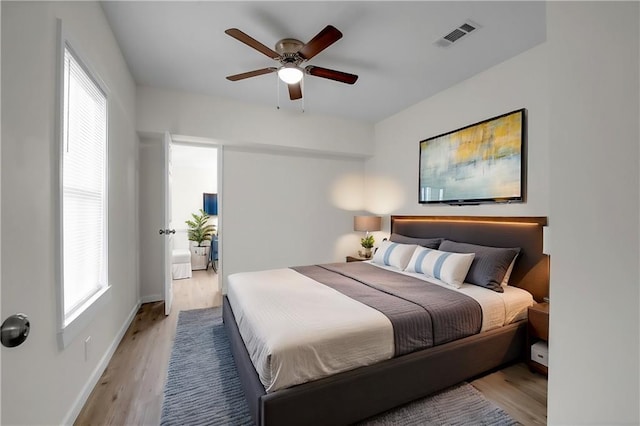 bedroom featuring ceiling fan and light hardwood / wood-style flooring