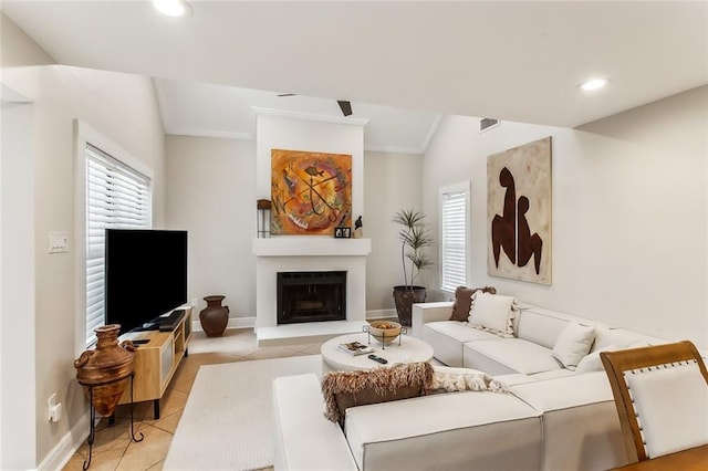 living room featuring light tile patterned flooring and lofted ceiling