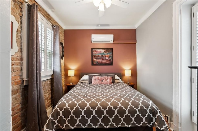 bedroom featuring a wall mounted AC, ceiling fan, and ornamental molding