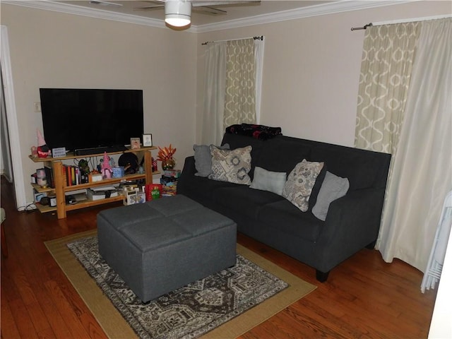 living room featuring dark hardwood / wood-style floors, ceiling fan, and ornamental molding