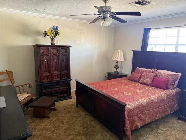 bedroom featuring a textured ceiling, dark carpet, ceiling fan, and ornamental molding