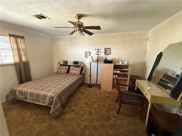 carpeted bedroom with a textured ceiling, ceiling fan, and ornamental molding