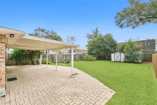 view of patio / terrace featuring a storage unit