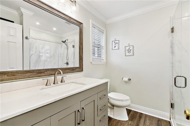 bathroom featuring hardwood / wood-style floors, an enclosed shower, and crown molding