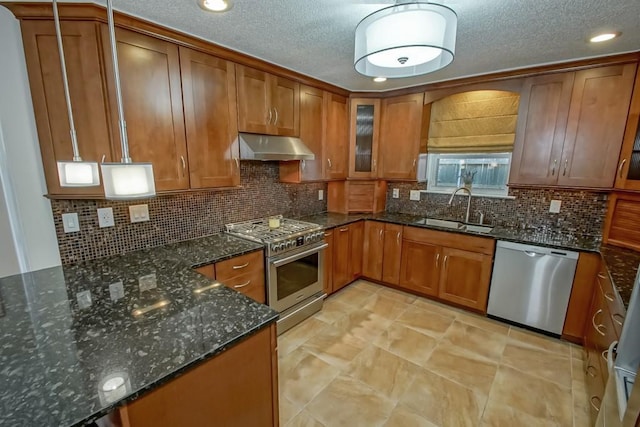 kitchen featuring decorative backsplash, appliances with stainless steel finishes, dark stone counters, exhaust hood, and sink