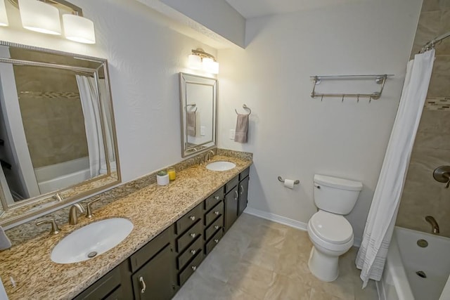 full bathroom featuring shower / tub combo with curtain, vanity, and toilet