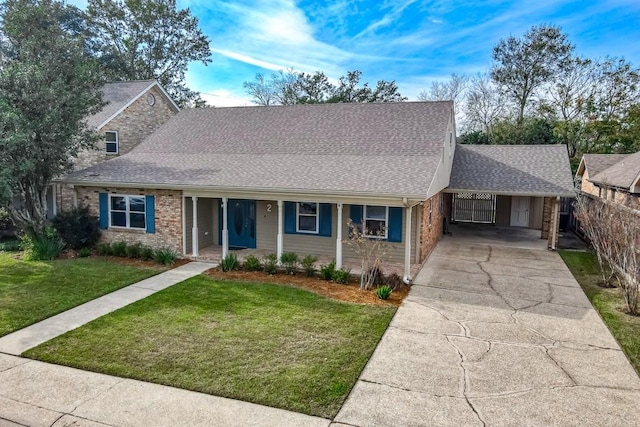 single story home with a front lawn, a porch, and a carport