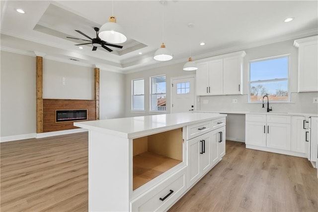 kitchen featuring white cabinets, a raised ceiling, and a kitchen island