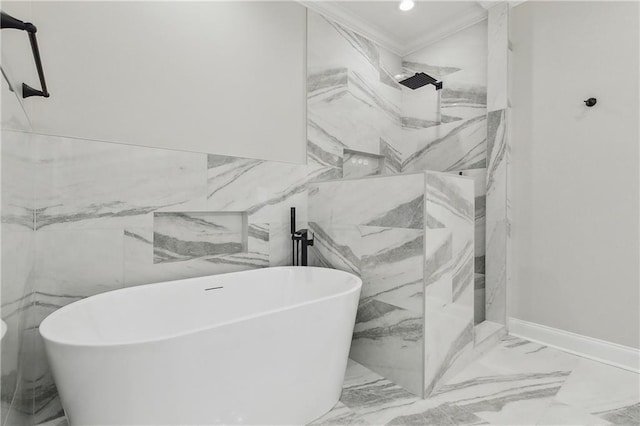 bathroom featuring plus walk in shower and crown molding