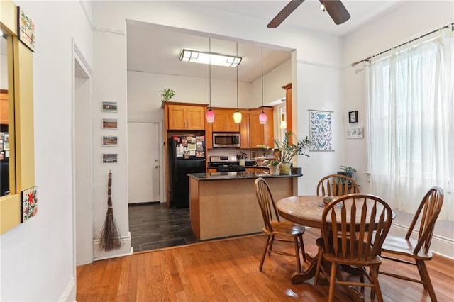 kitchen featuring kitchen peninsula, stainless steel appliances, ceiling fan, pendant lighting, and dark hardwood / wood-style floors