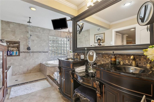 bathroom with vanity, separate shower and tub, crown molding, tile walls, and tile patterned flooring