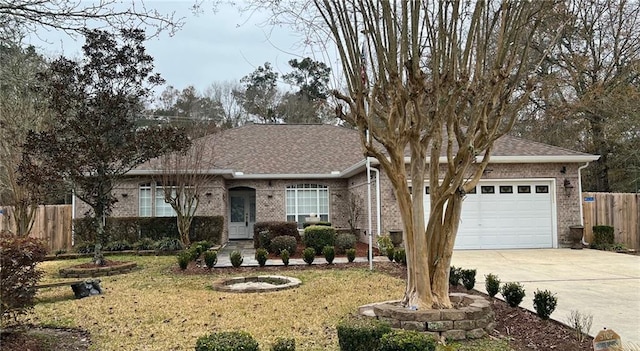 ranch-style home featuring a garage and a front lawn