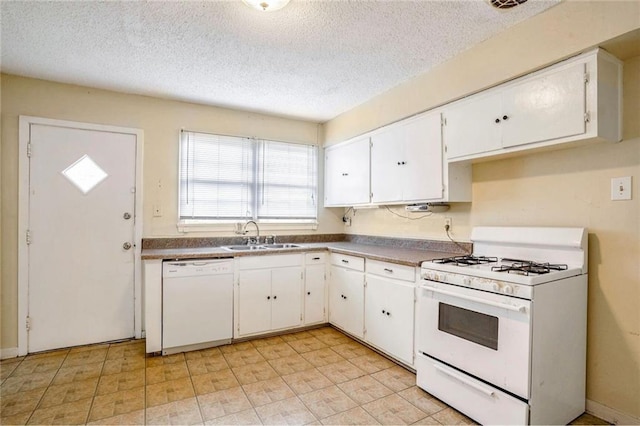 kitchen featuring white cabinets, a textured ceiling, white appliances, and sink