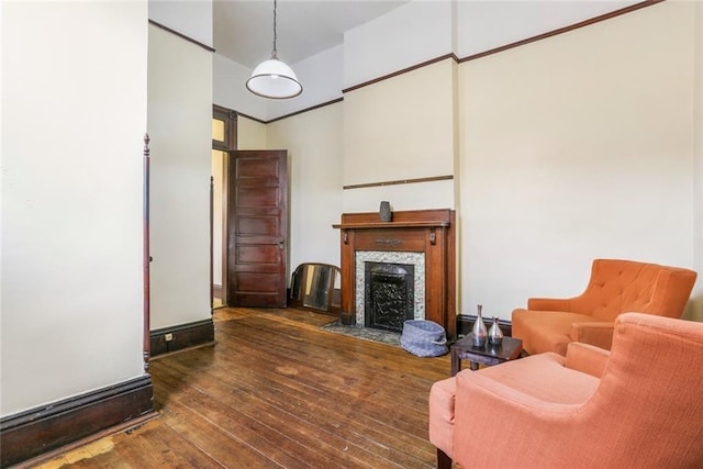 living room with wood-type flooring and a high end fireplace