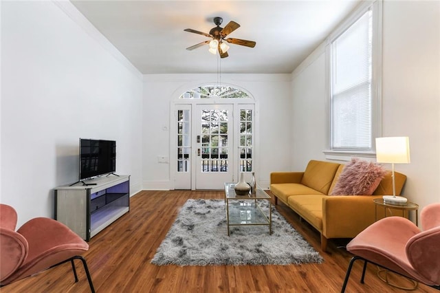 living room with ceiling fan and dark hardwood / wood-style flooring