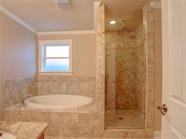 bathroom with vanity, shower with separate bathtub, and crown molding