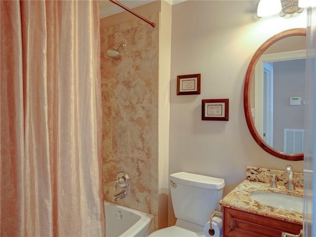 full bathroom with vanity, toilet, and shower / bath combo with shower curtain