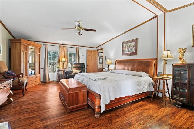 bedroom featuring hardwood / wood-style floors, ceiling fan, lofted ceiling, and crown molding