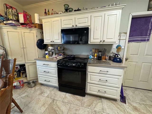 kitchen featuring white cabinets, black appliances, and ornamental molding