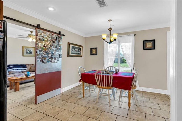 dining room featuring crown molding, light tile patterned floors, and ceiling fan with notable chandelier