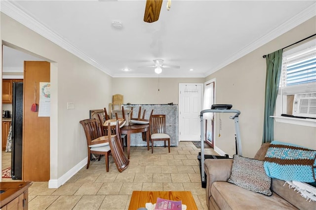 tiled living room featuring ceiling fan and ornamental molding