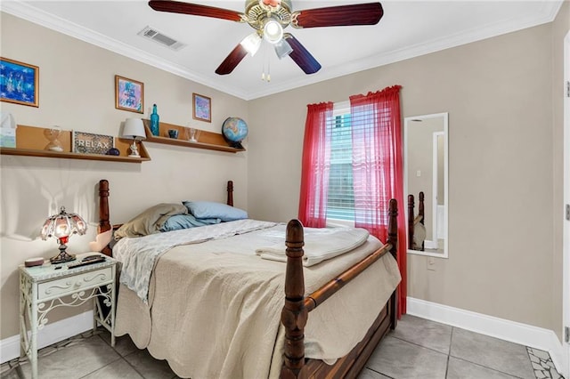 bedroom featuring ceiling fan, ornamental molding, and light tile patterned flooring