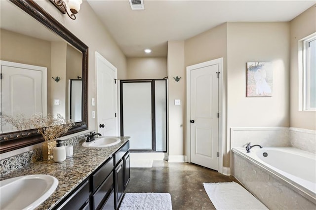 bathroom with vanity, concrete floors, and shower with separate bathtub