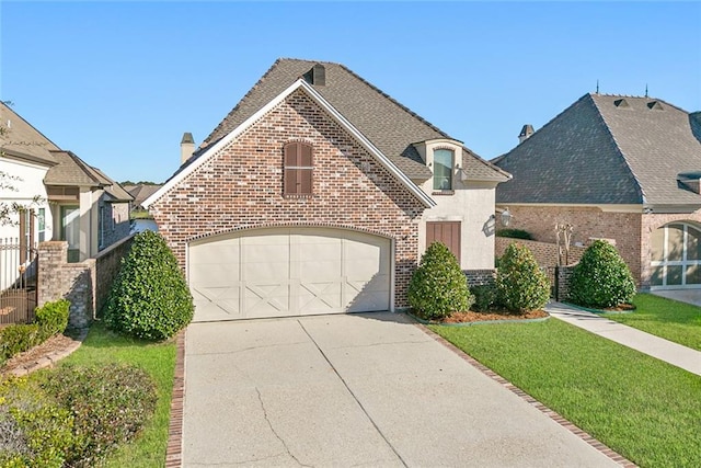326 Palmer Ct, Slidell, LA 70458 - french country inspired facade with brick siding, concrete driveway, a front yard, and a shingled roof