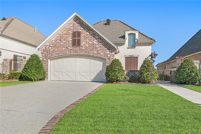 326 Palmer Ct, Slidell, LA 70458 - french country home featuring brick siding, driveway, a front lawn, and a garage