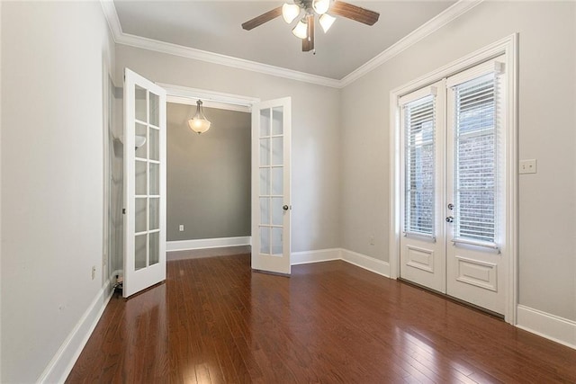 interior space featuring french doors, ceiling fan, and crown molding