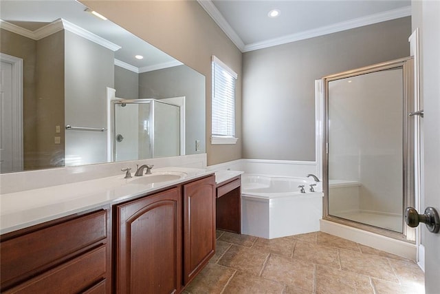 bathroom with vanity, separate shower and tub, and crown molding