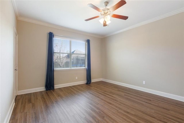 unfurnished room with dark hardwood / wood-style flooring, ceiling fan, and crown molding