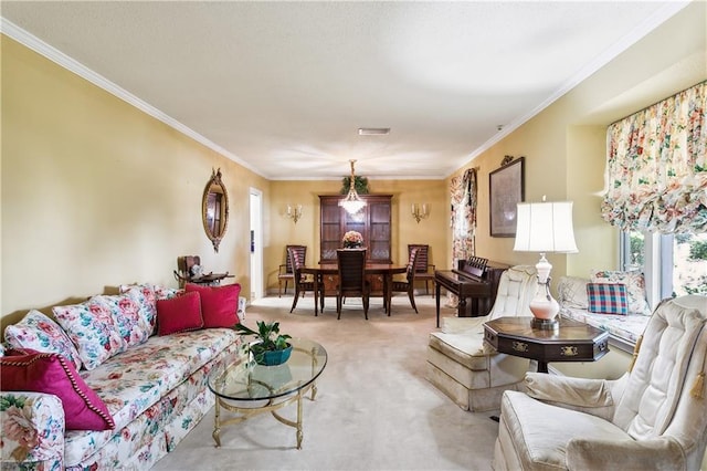 living room with light carpet and crown molding